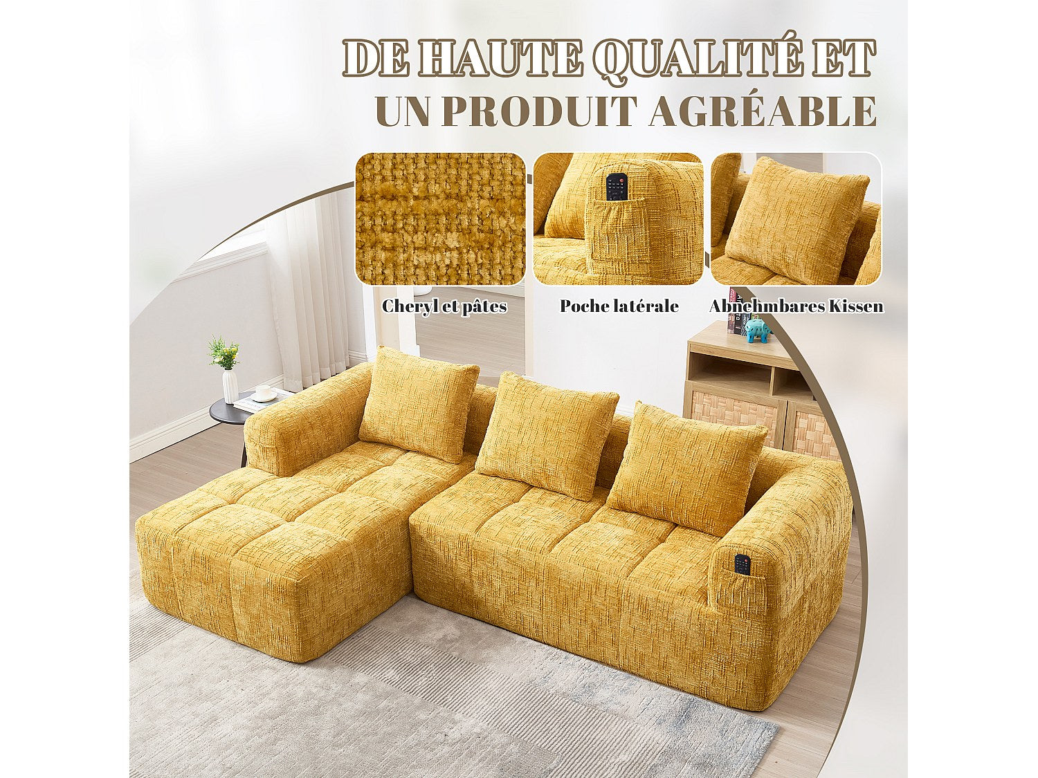 Angle pour canapé modulable 3 places jaune tissu