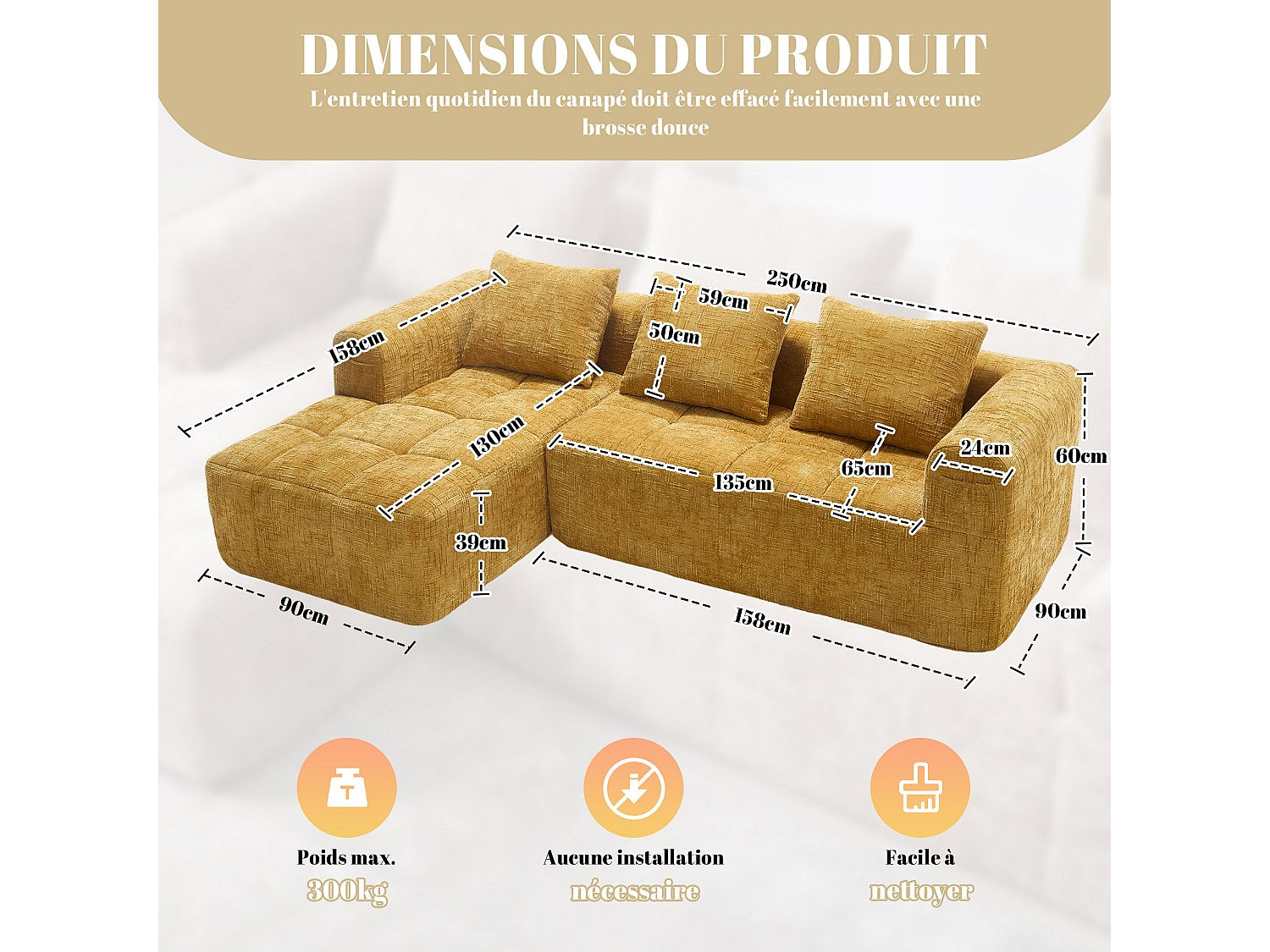 Angle pour canapé modulable 3 places jaune tissu