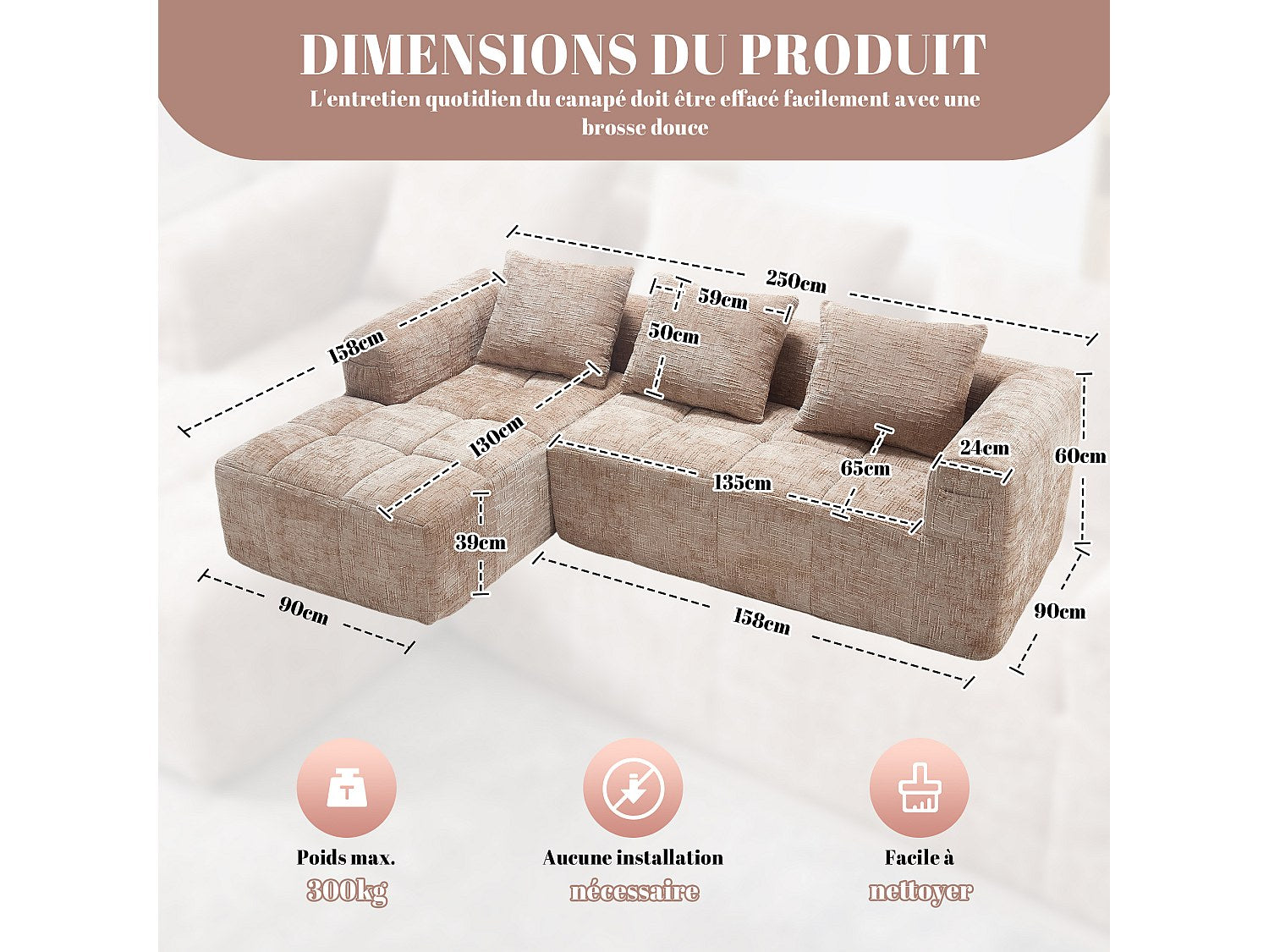 Angle pour canapé modulable 3 places vert tissu
