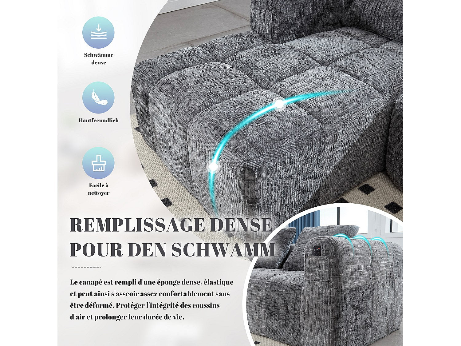 Angle pour canapé modulable 3 places gris tissu