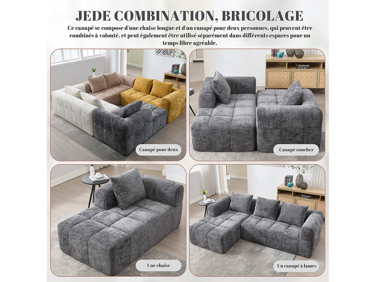 Angle pour canapé modulable 3 places gris tissu
