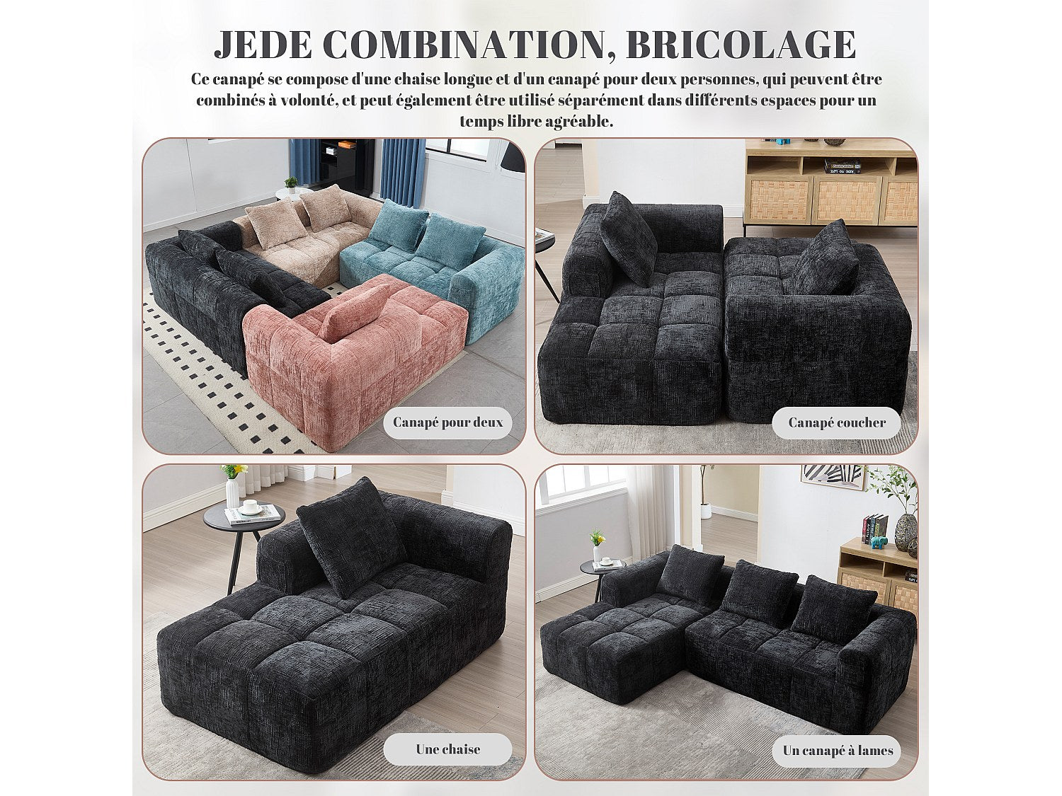 Angle pour canapé modulable 3 places noir tissu