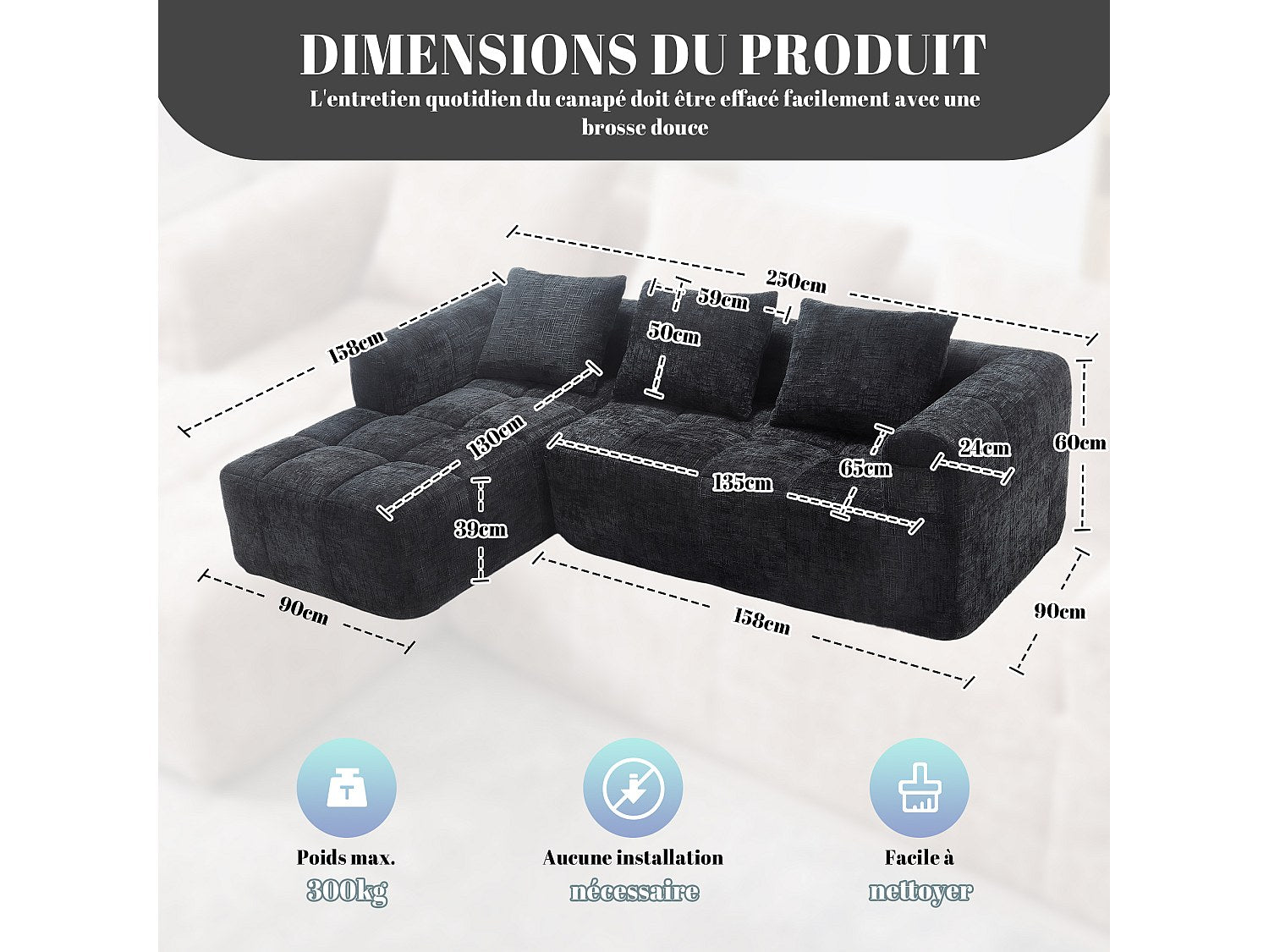 Angle pour canapé modulable 3 places noir tissu