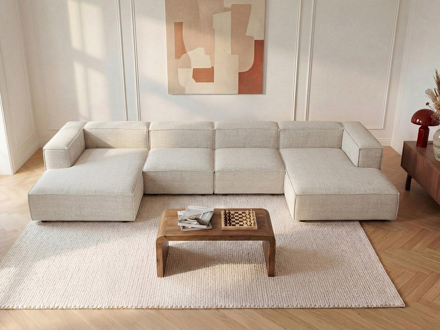 Canapé modulable panoramique beige tissu