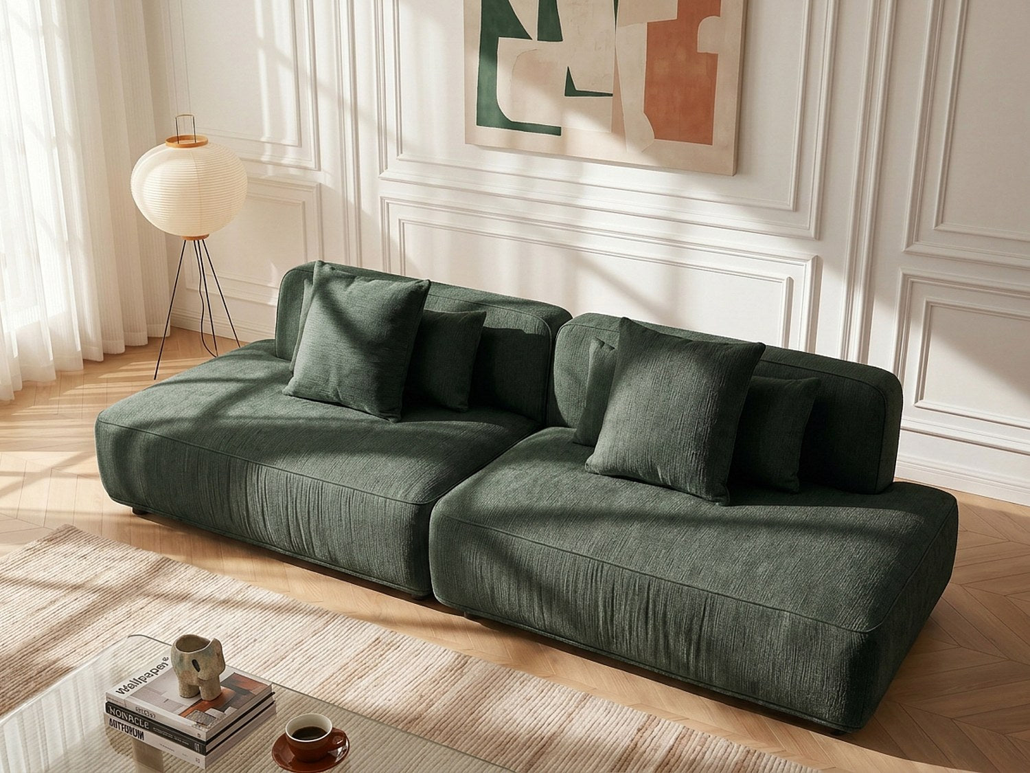 Canapé modulable 5 places vert tissu