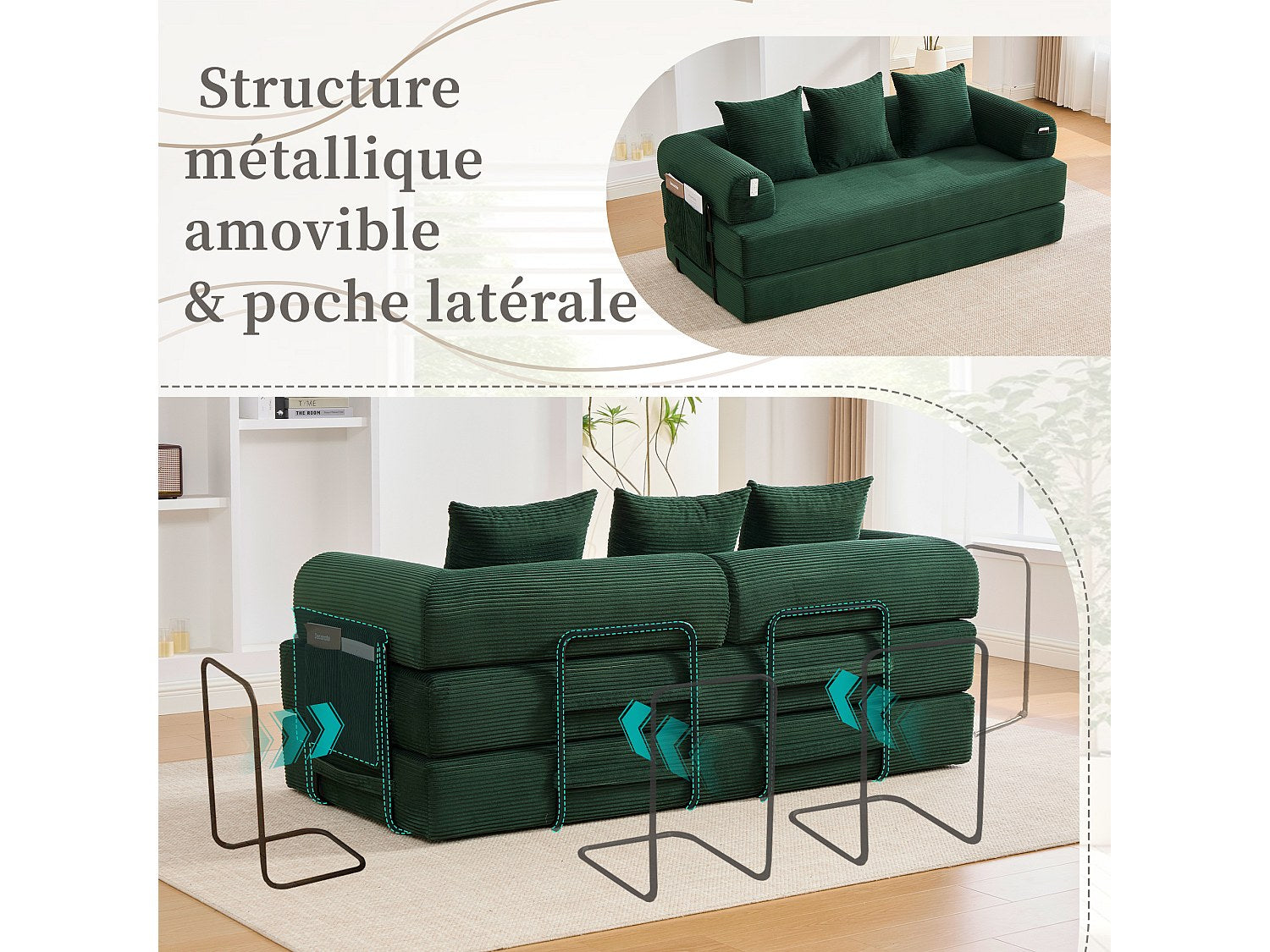Canapé modulable vert tissu