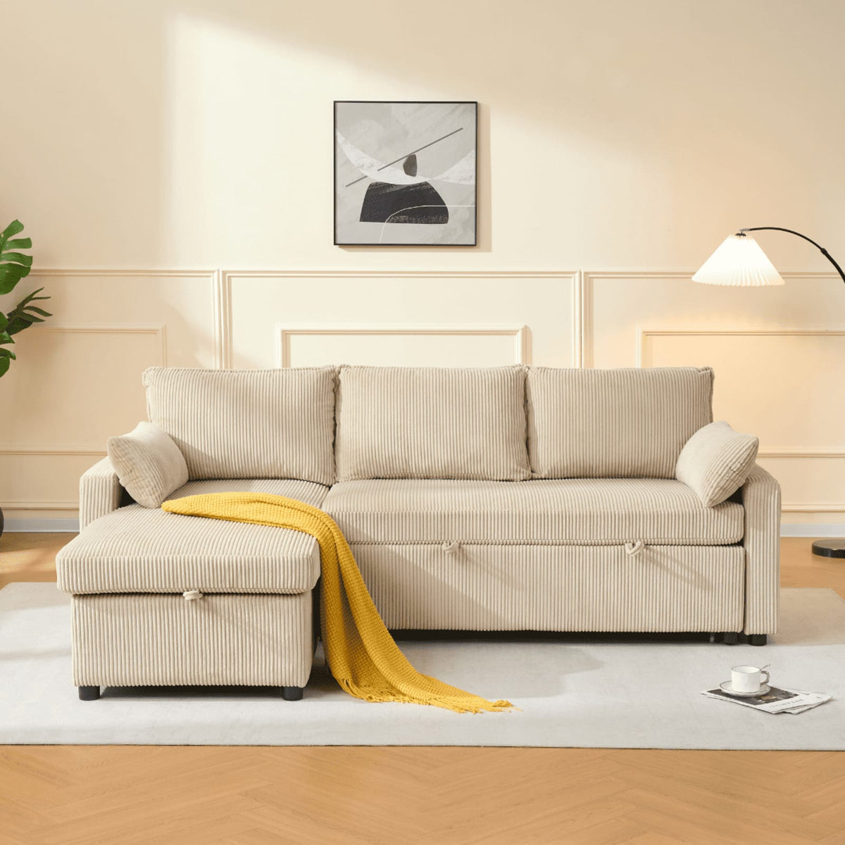 Canapé Convertible d'Angle 3 Places en Velours Côtelé Beige beige - vue 2