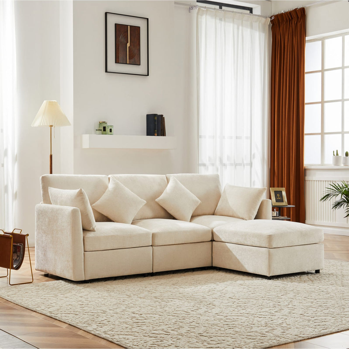 Canapé d'Angle Modulable en Chenille Beige avec Pouf Mobile beige - vue 3