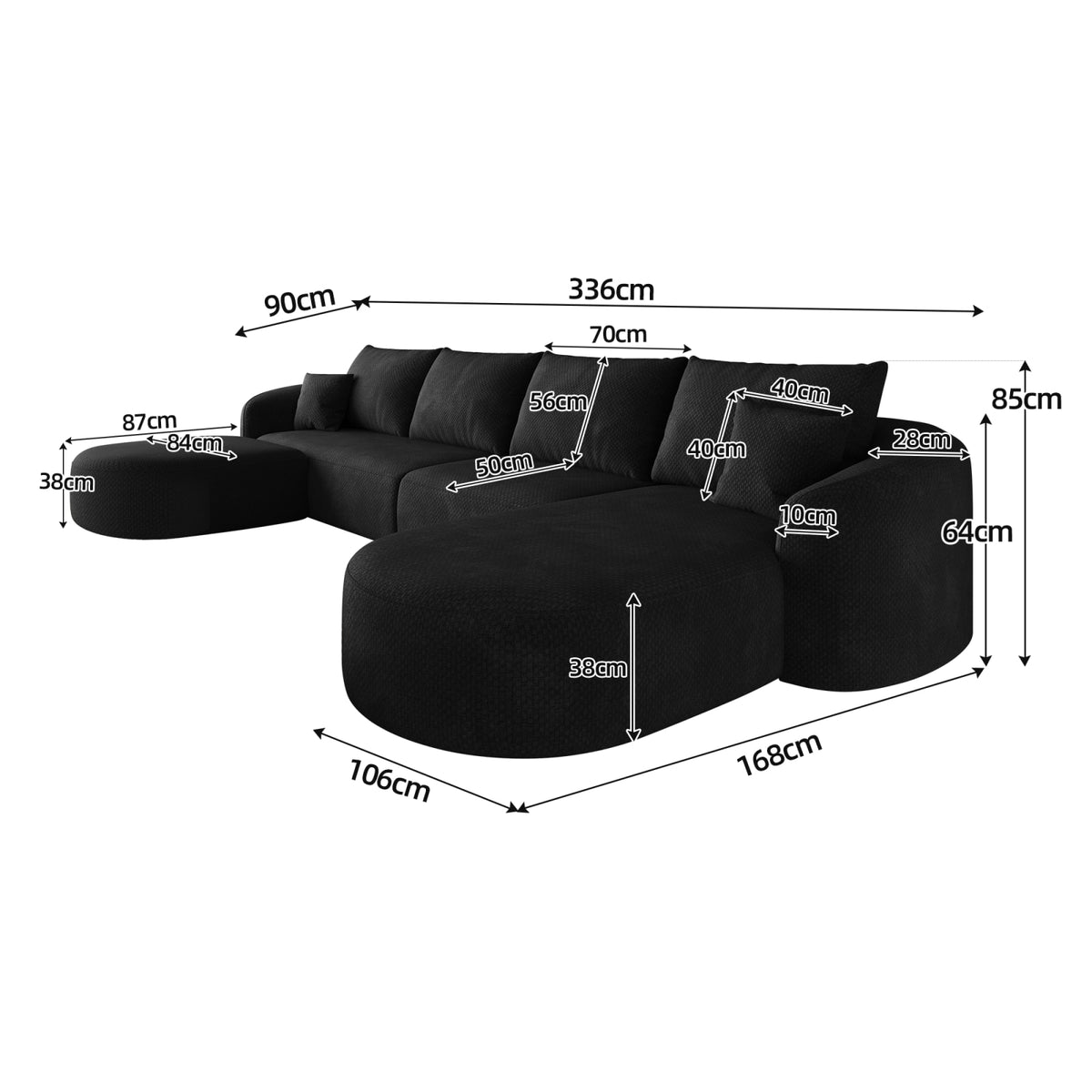 Canapé d'Angle en U Modulable en Tissu Noir noir - vue 7