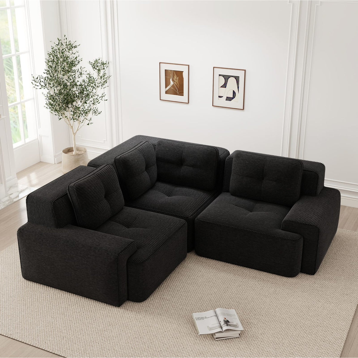 Canapé d'Angle Modulable en Velours Côtelé Noir Noir - vue 5