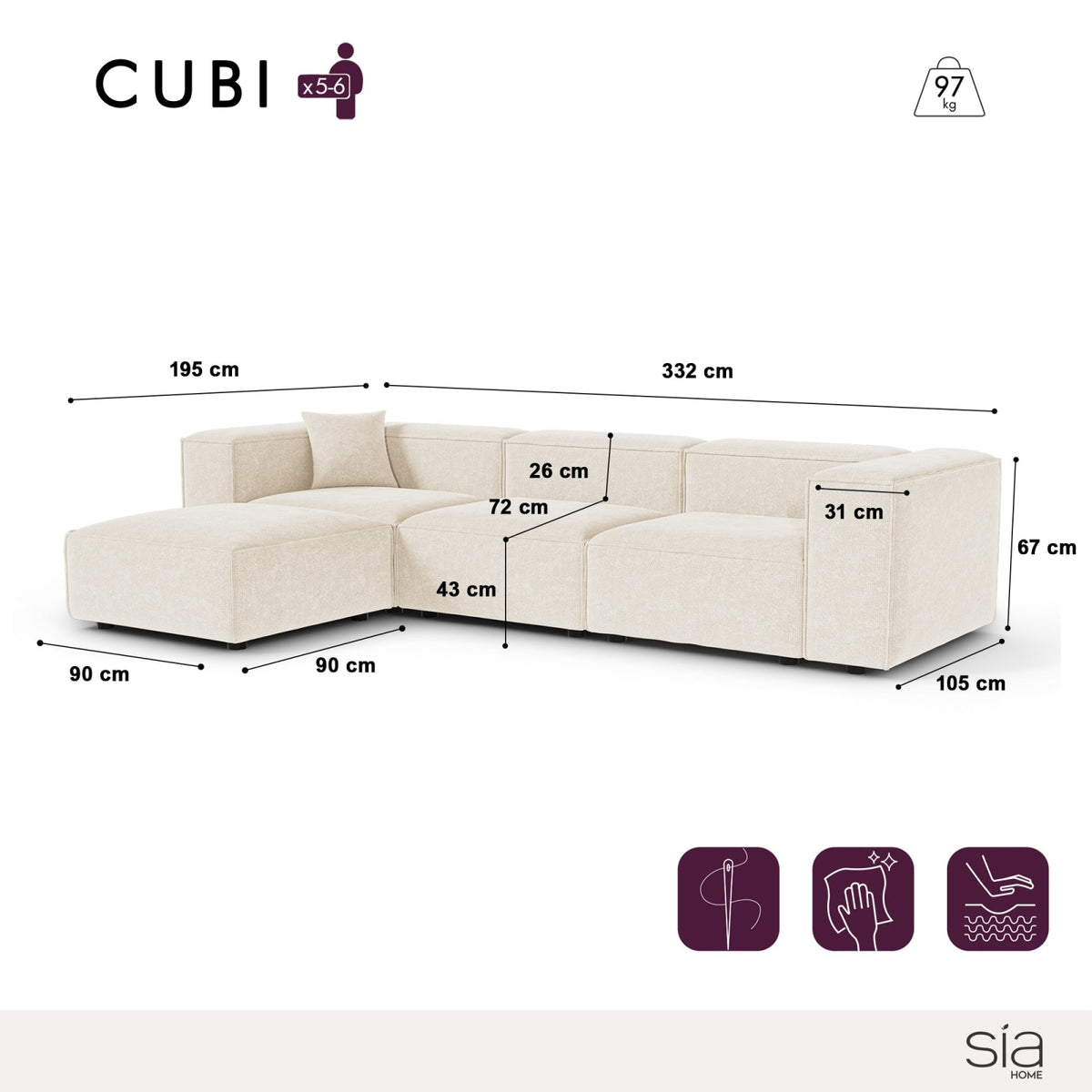 Canapé d'Angle Modulable 6 Places en Velours Chenillé Crème crème - vue 5