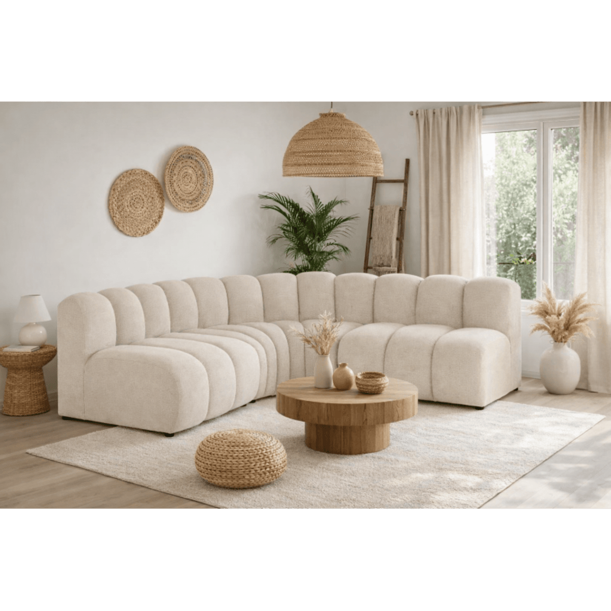 Canapé d'Angle Modulable Arrondi 4 Places en Tissu Texturé Beige beige - vue 2