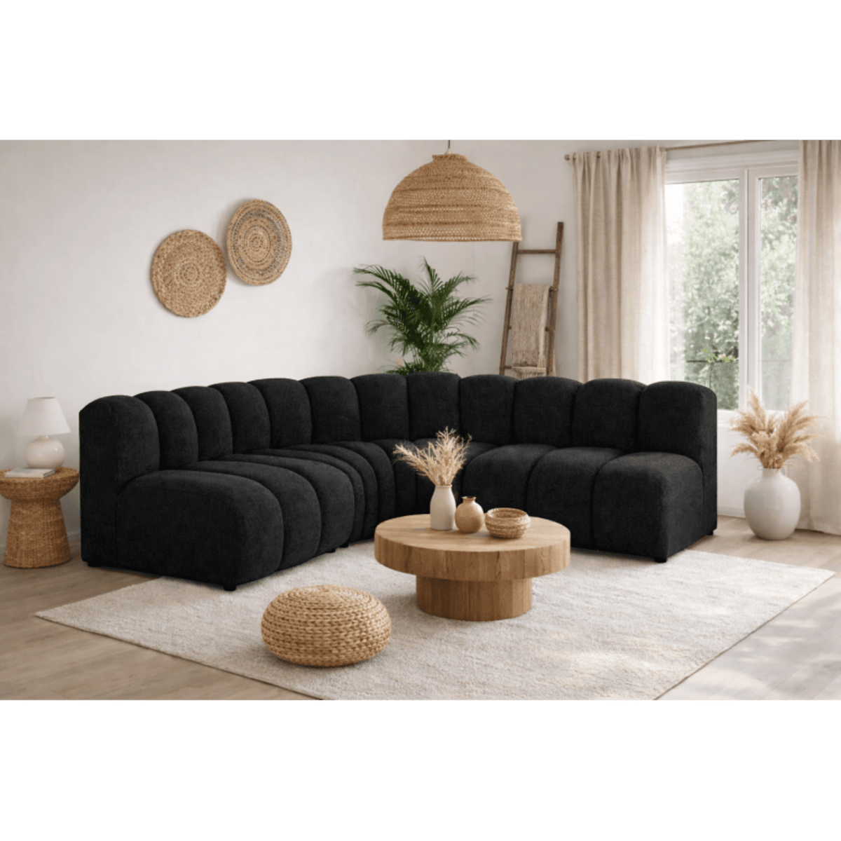 Canapé d'Angle Modulable Arrondi en Tissu Texturé Noir noir - vue 2