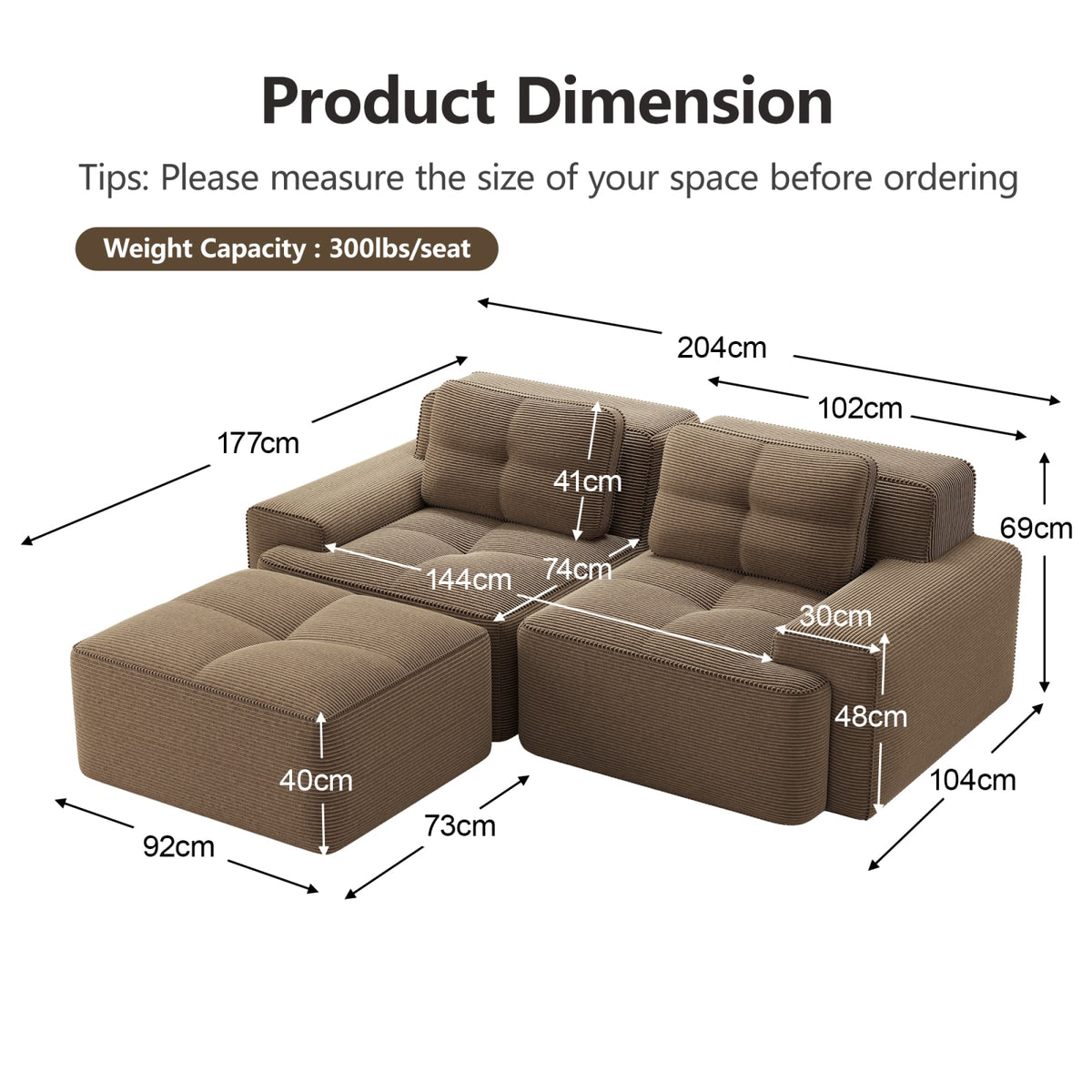 Canapé d'Angle Modulable en Velours Côtelé Marron marron - vue 6