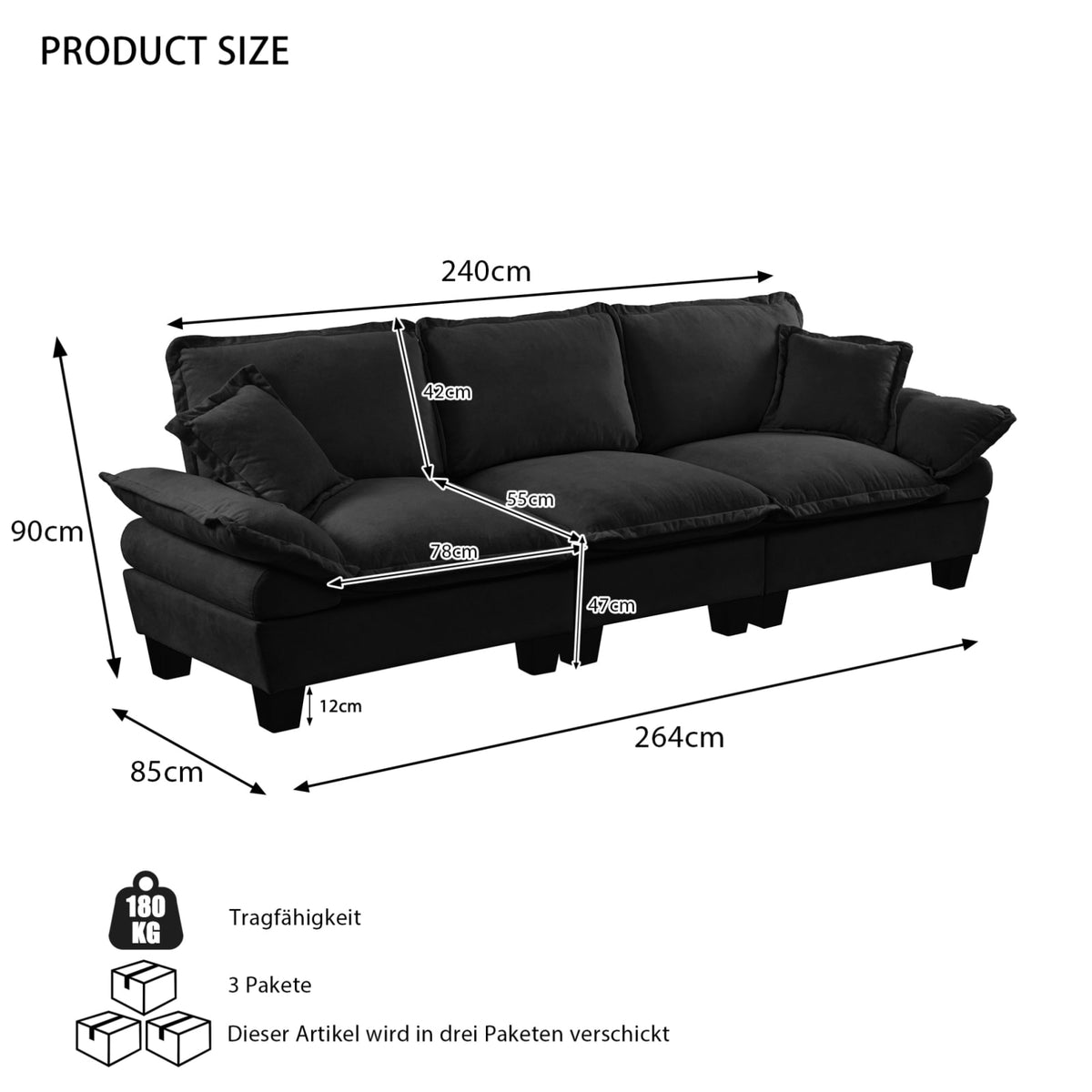 Canapé Modulable en Chenille Noire à Accoudoirs Amovibles noir - vue 6