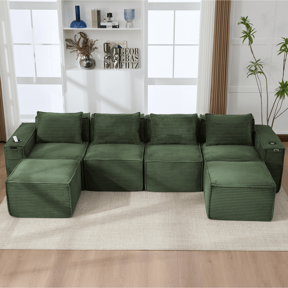 Canapé Modulable en Velours Côtelé Vert avec 2 Tabourets vert - vue 4