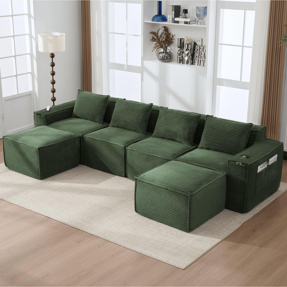 Canapé Modulable en Velours Côtelé Vert avec 2 Tabourets vert - vue 2