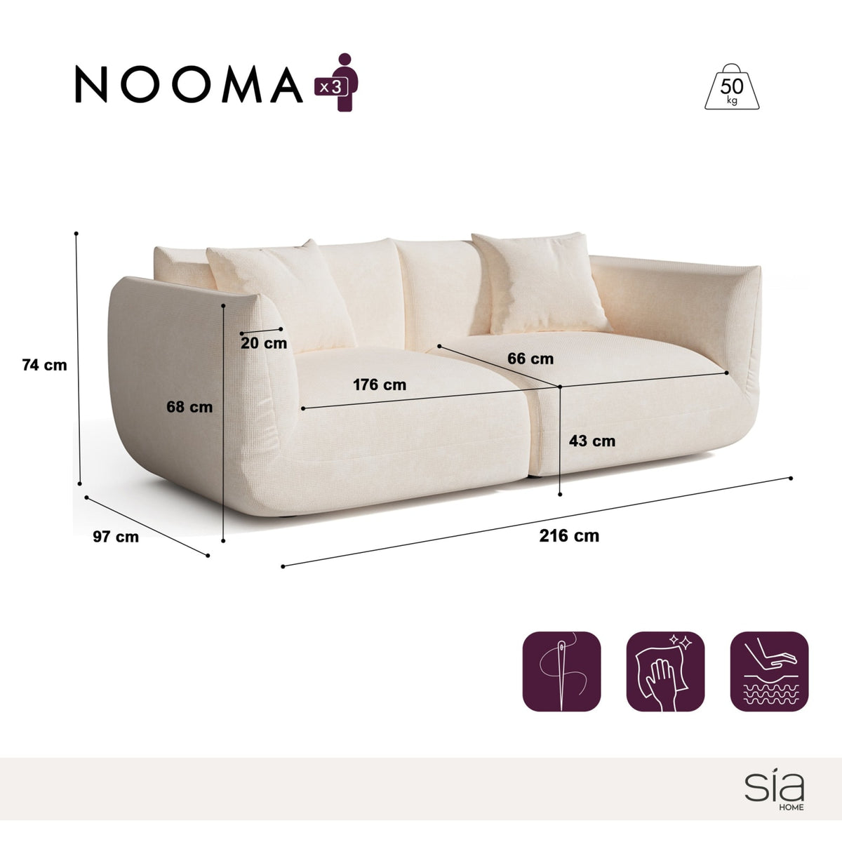 Canapé Modulable 3 Places en Velours Chenillé Crème crème - vue 4