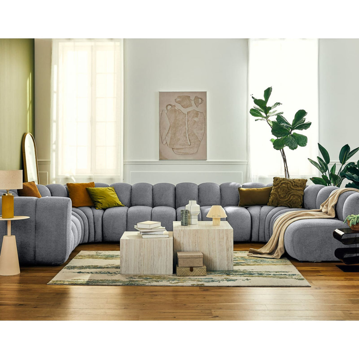 Canapé Modulable 7 Places Angle Droit en Tissu Texturé Gris gris - vue 2