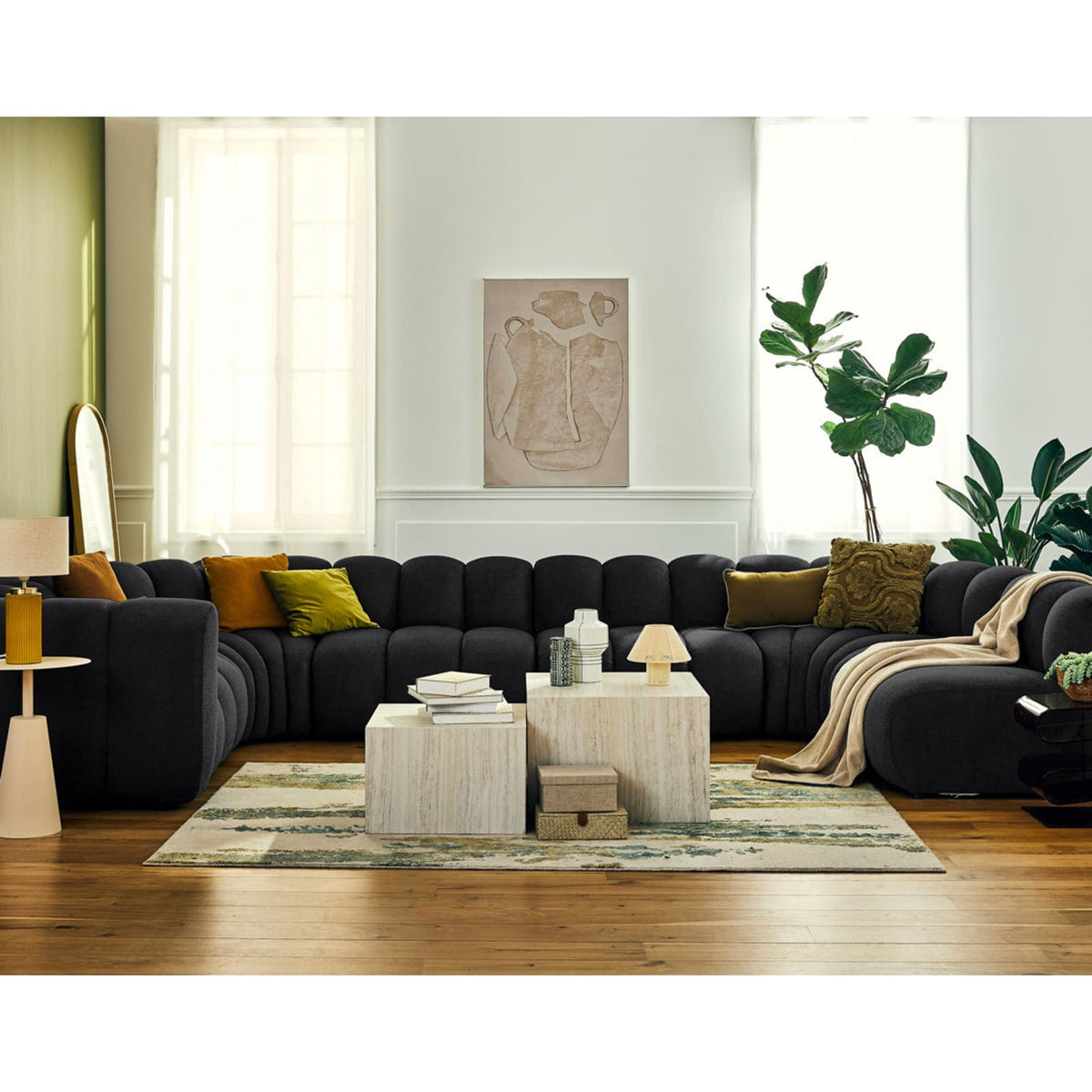 Canapé Modulable 7 Places en Tissu Texturé Noir noir - vue 2