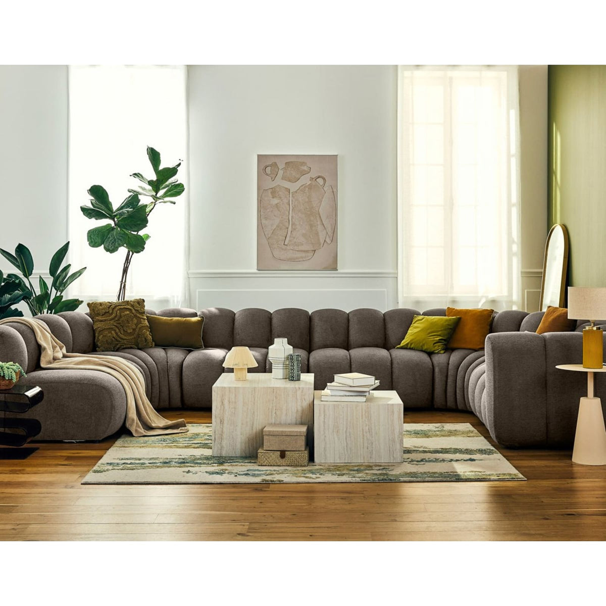 Canapé Modulable 7 Places Angle Gauche en Tissu Texturé Taupe taupe - vue 2