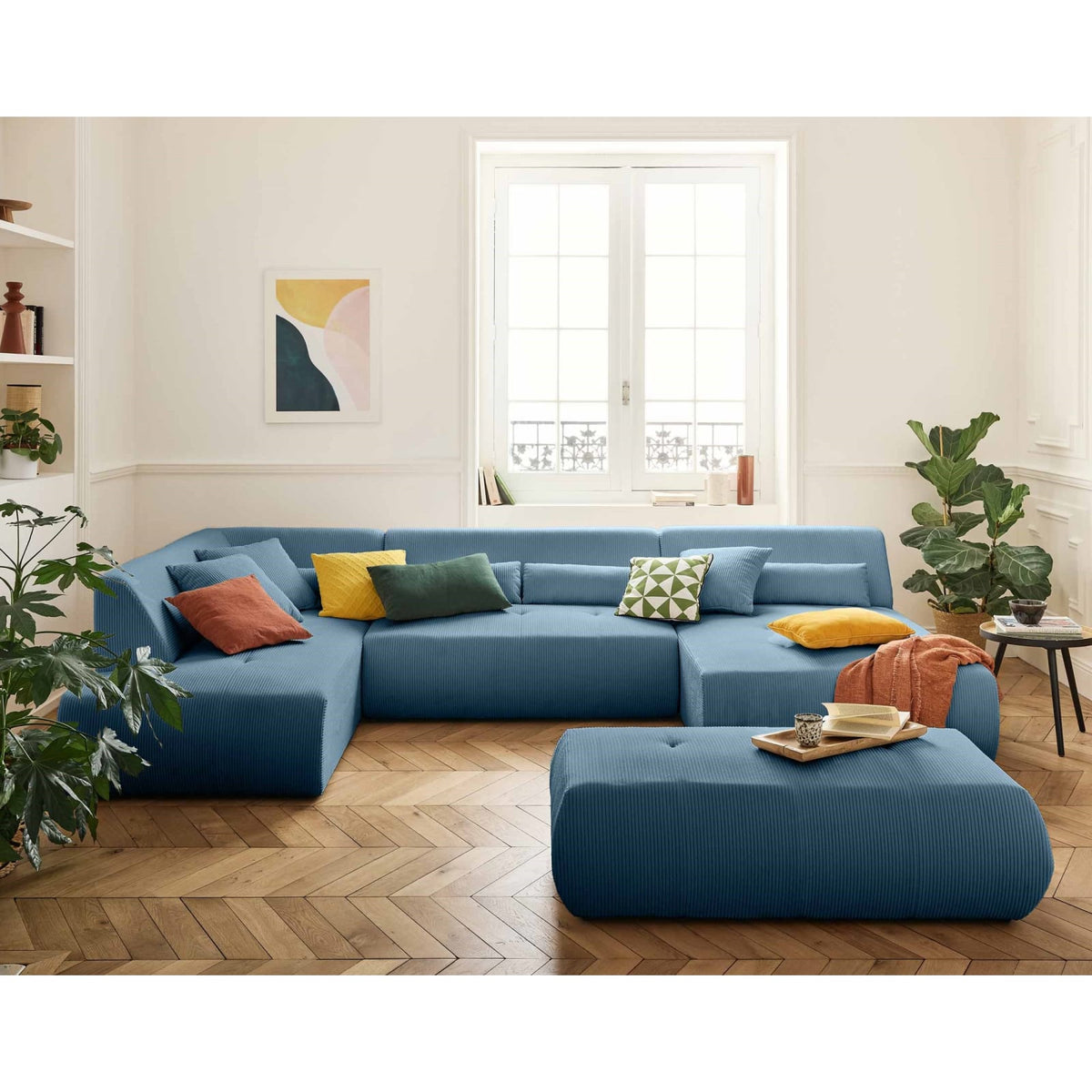 Canapé Modulable 7 Places Angle Gauche en Velours Côtelé Bleu bleu - vue 3