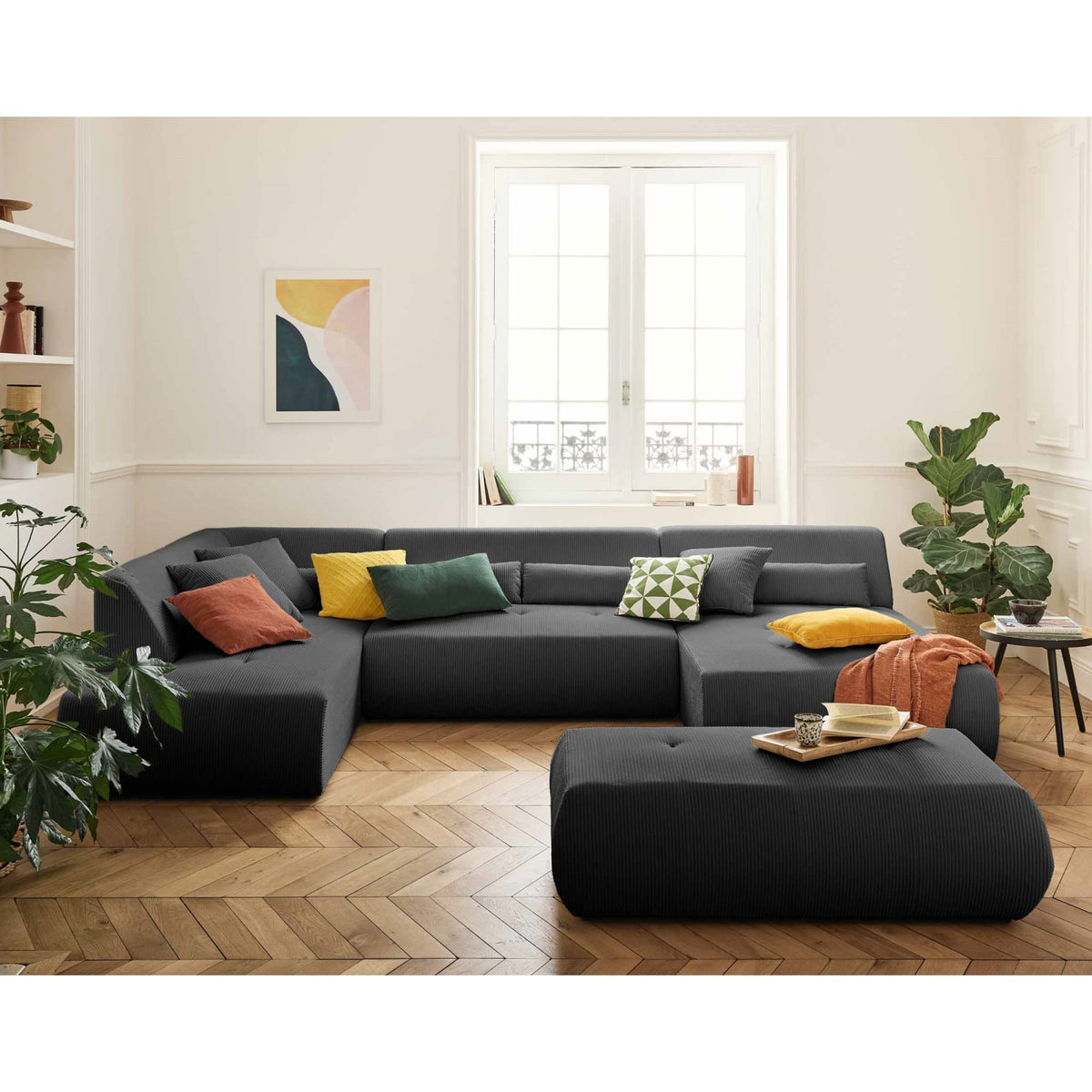 Canapé d'Angle Modulable 7 Places en Velours Côtelé Gris Foncé gris foncé - vue 3