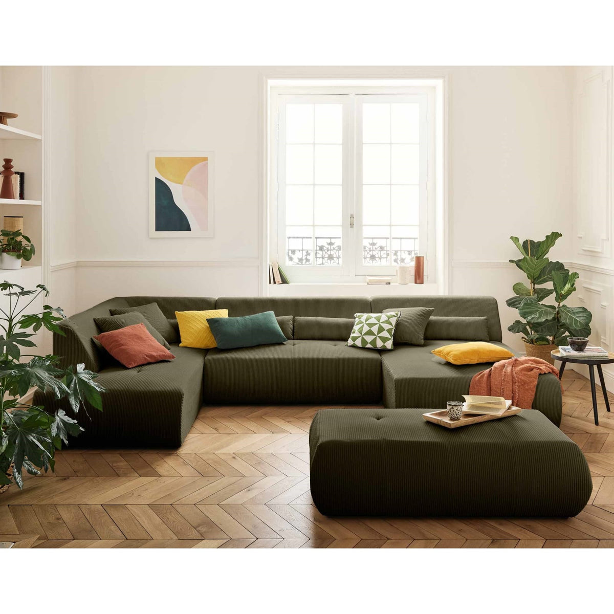 Canapé d'Angle Modulable 7 Places en Velours Côtelé Vert vert - vue 3