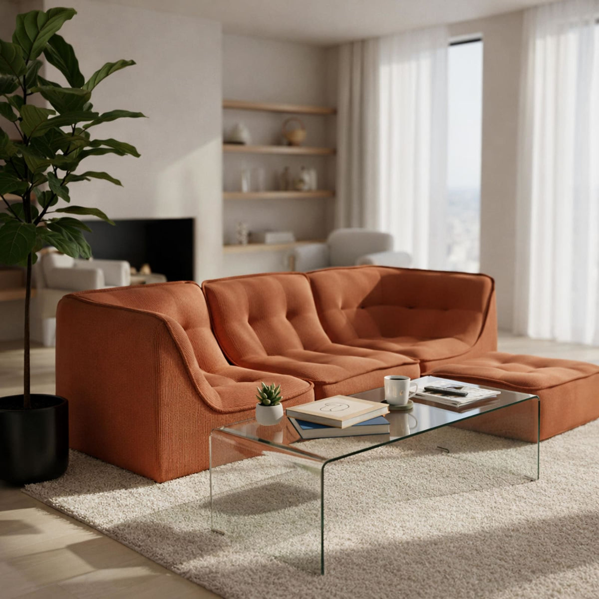 Canapé Modulable 3 Places avec Pouf en Velours Côtelé Terracotta terracotta - vue 2