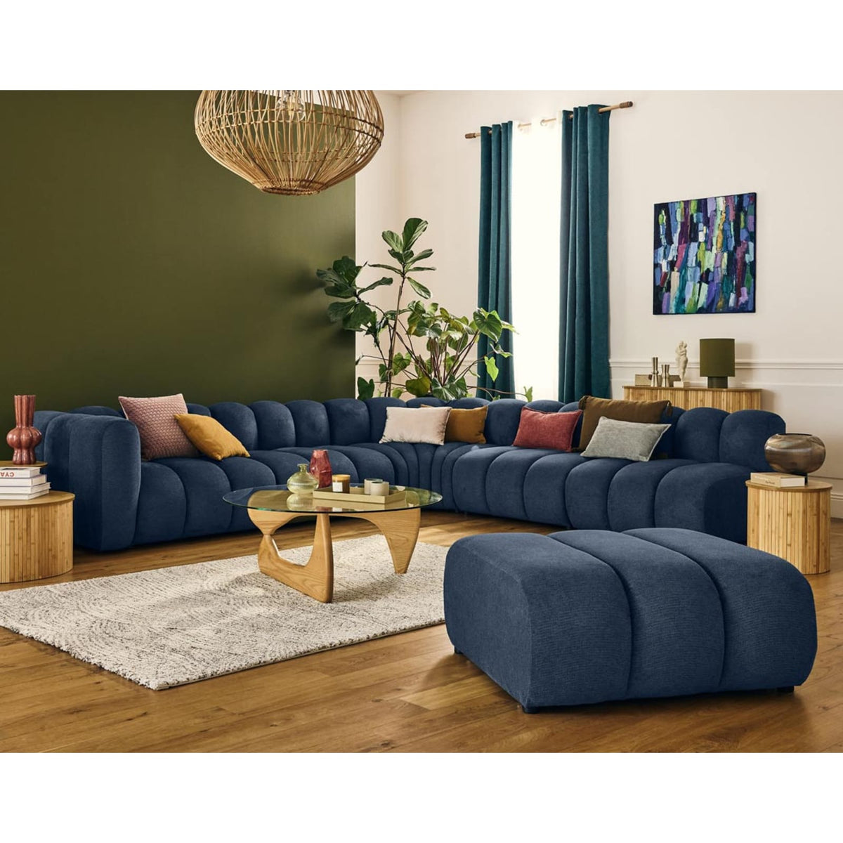 Canapé d'Angle Modulable 5 Places en Tissu Texturé Bleu bleu - vue 2