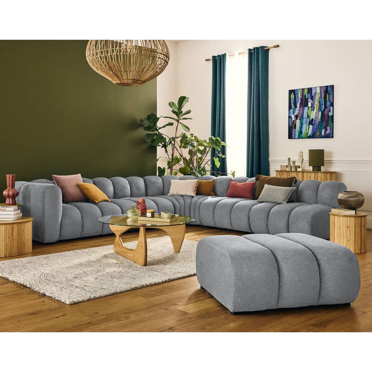 Canapé d'Angle Droit Modulable en Tissu Texturé Gris 5 Places gris - vue 2