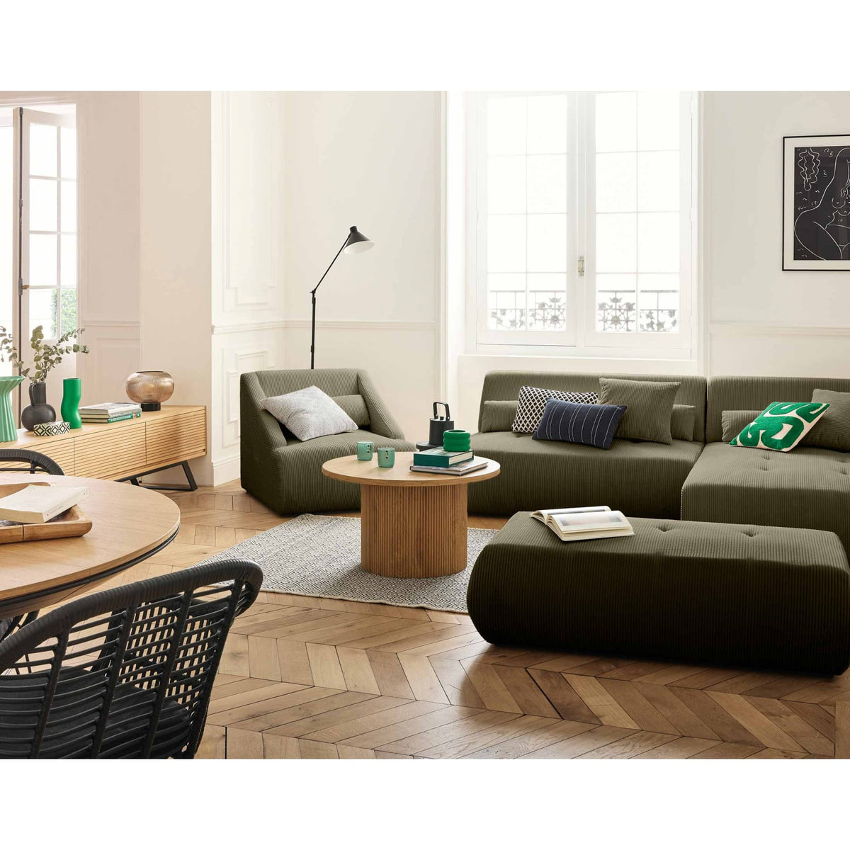 Canapé d'Angle Droit Modulable 5 Places en Velours Côtelé Vert vert - vue 2