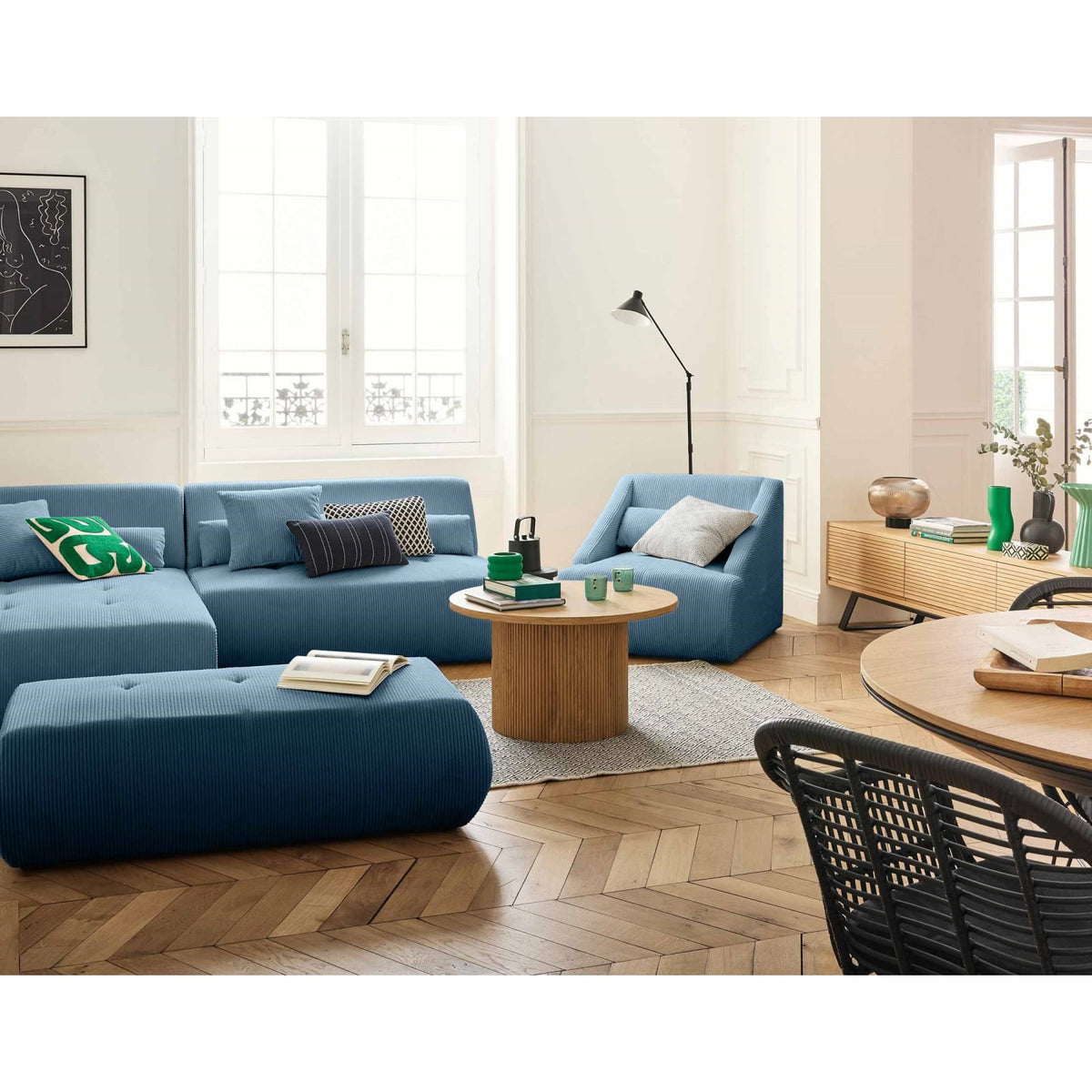 Canapé d'Angle Gauche Modulable en Velours Côtelé Bleu 5 Places bleu - vue 2
