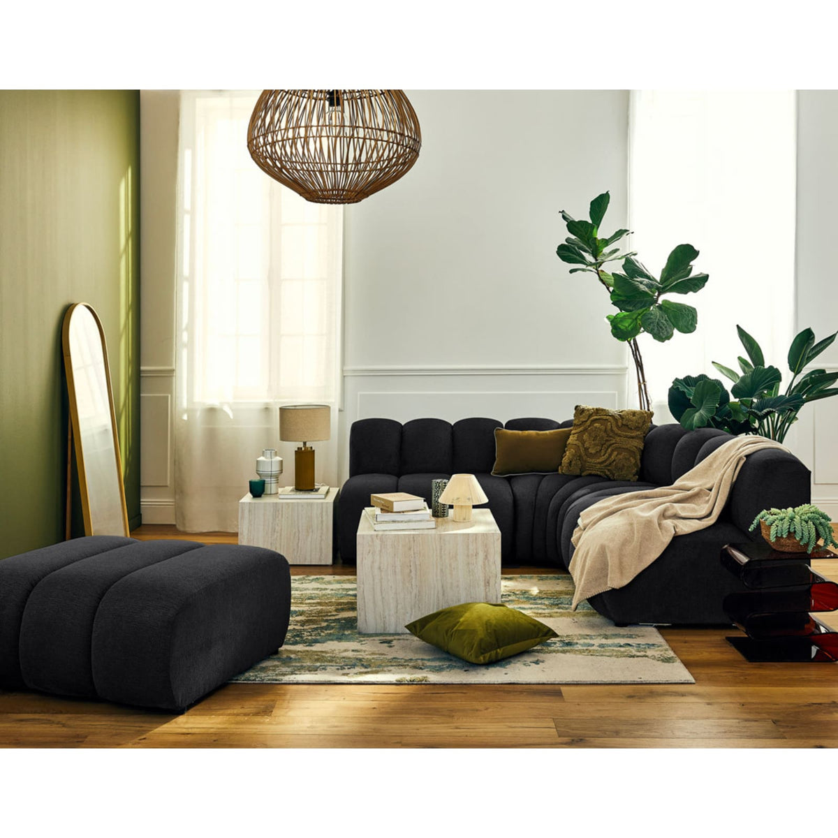 Canapé d'Angle Modulable Réversible en Tissu Texturé Noir noir - vue 2