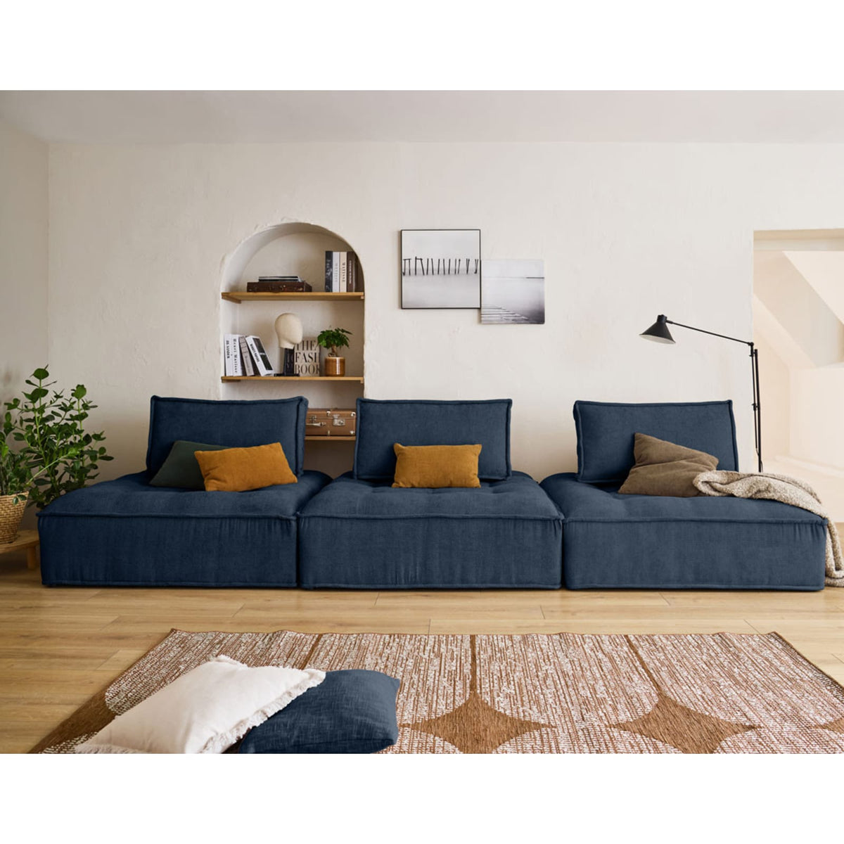 Canapé Modulable Droit 3 Places en Velours Texturé Bleu bleu - vue 2