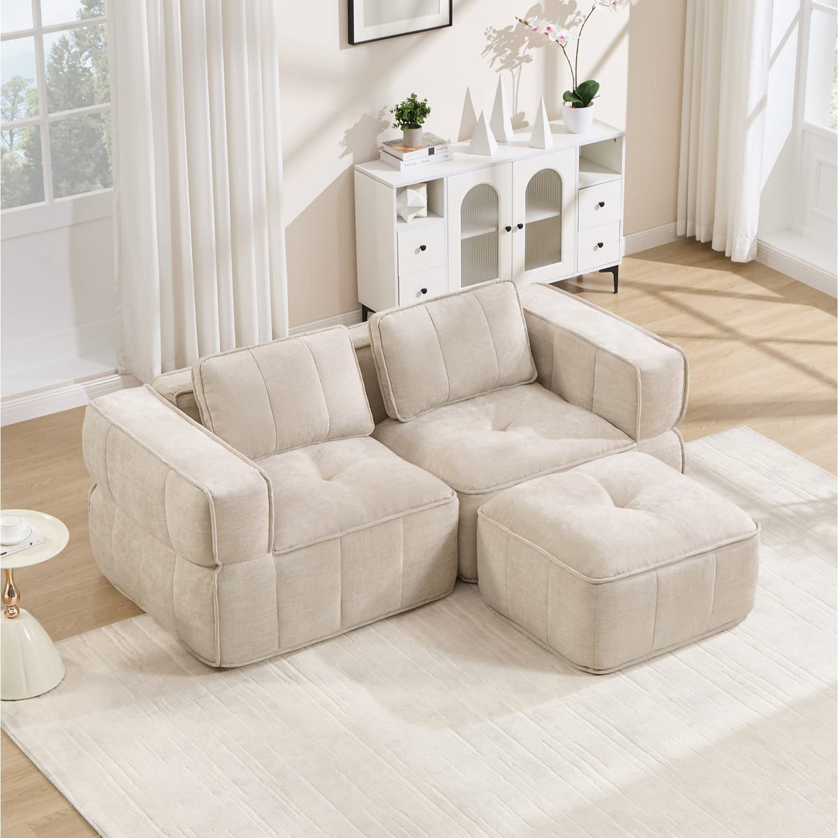 Canapé Modulable en Polyester Beige avec Pouf beige - vue 4