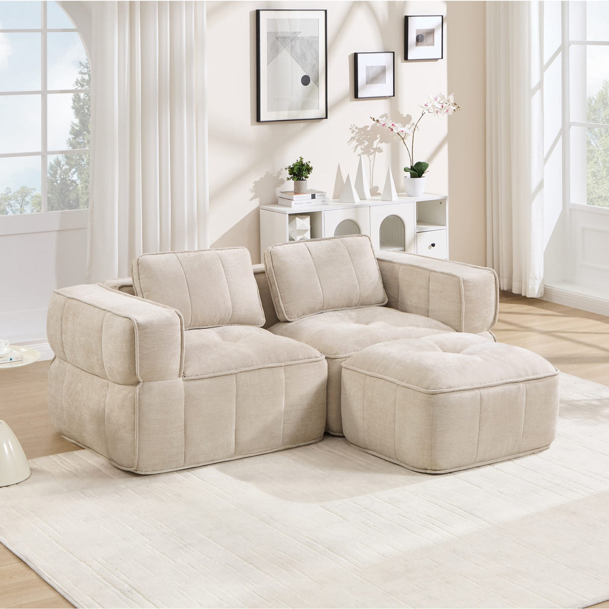 Canapé Modulable en Polyester Beige avec Pouf beige - vue 2