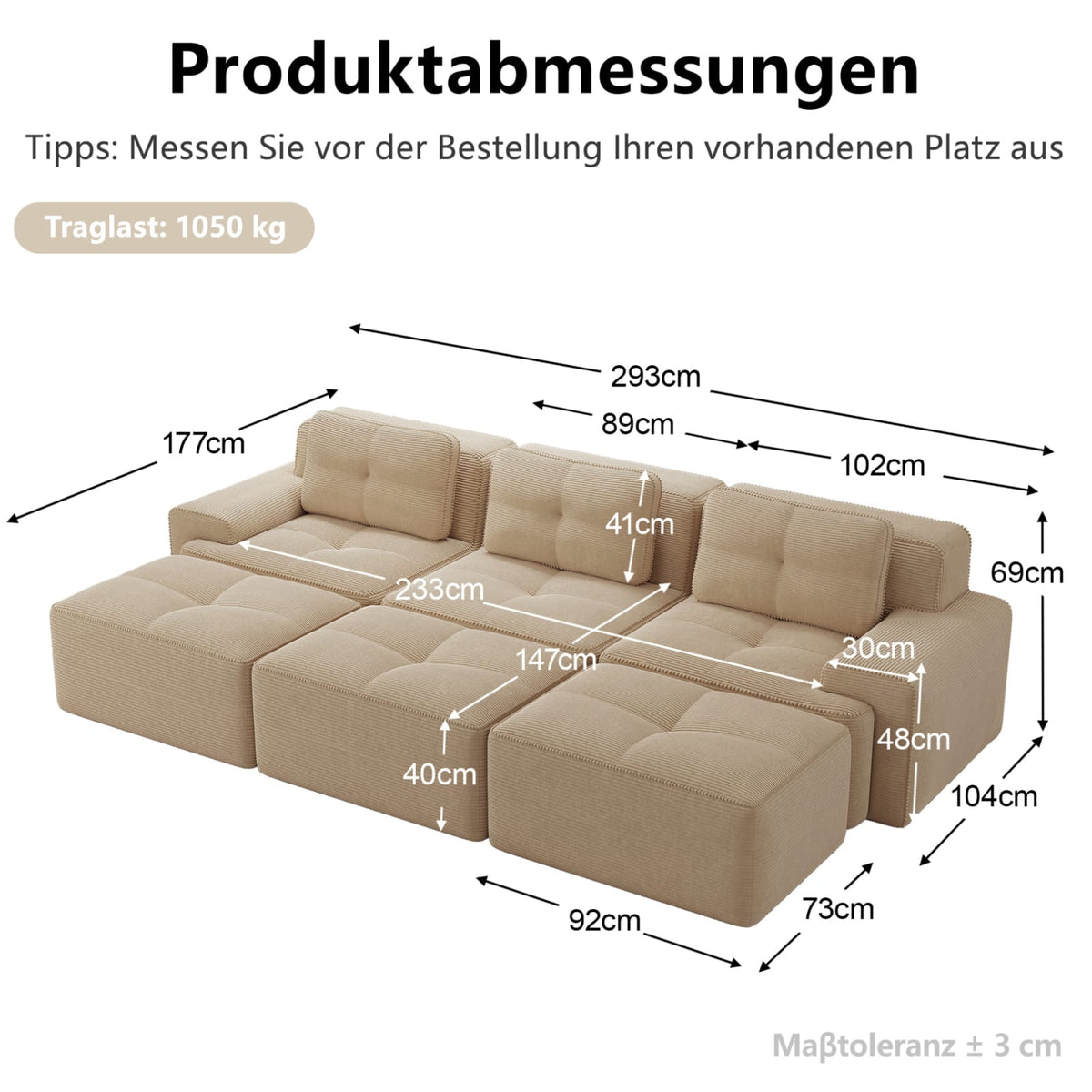 Canapé Modulable Assise Profonde en Velours Côtelé Beige beige - vue 4