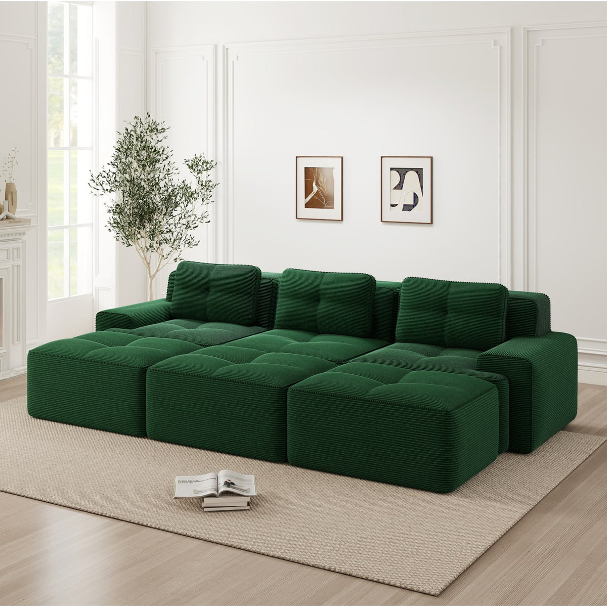 Canapé Modulable Convertible en Velours Côtelé Vert vert - vue 3
