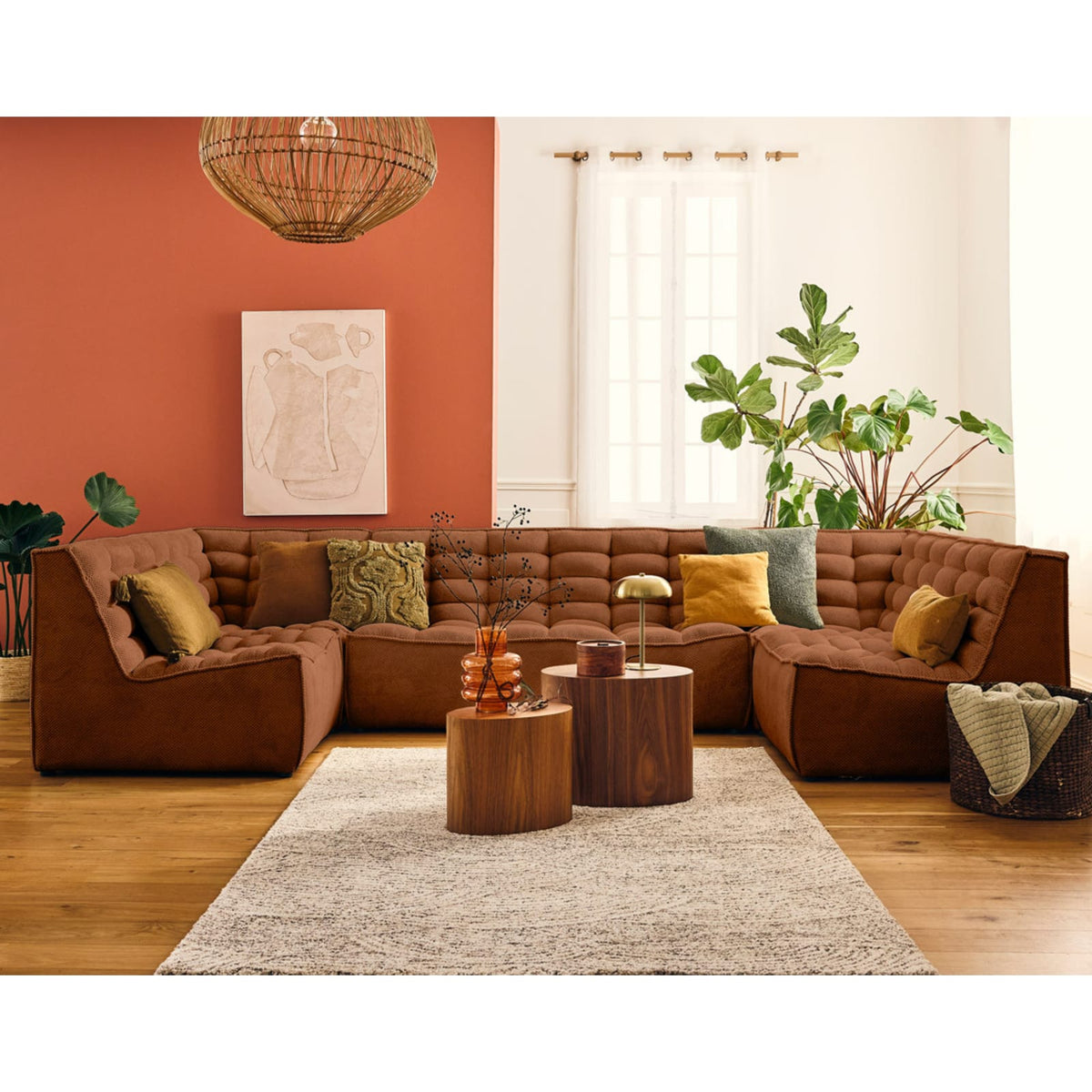 Canapé Panoramique Modulable 7 Places en Velours Texturé Terracotta terracotta - vue 2