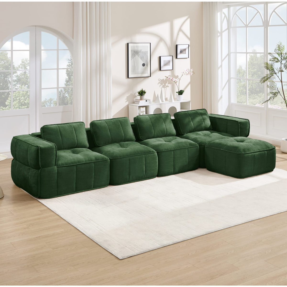 Canapé Modulable 4 Places en Polyester Vert avec Pouf vert - vue 2