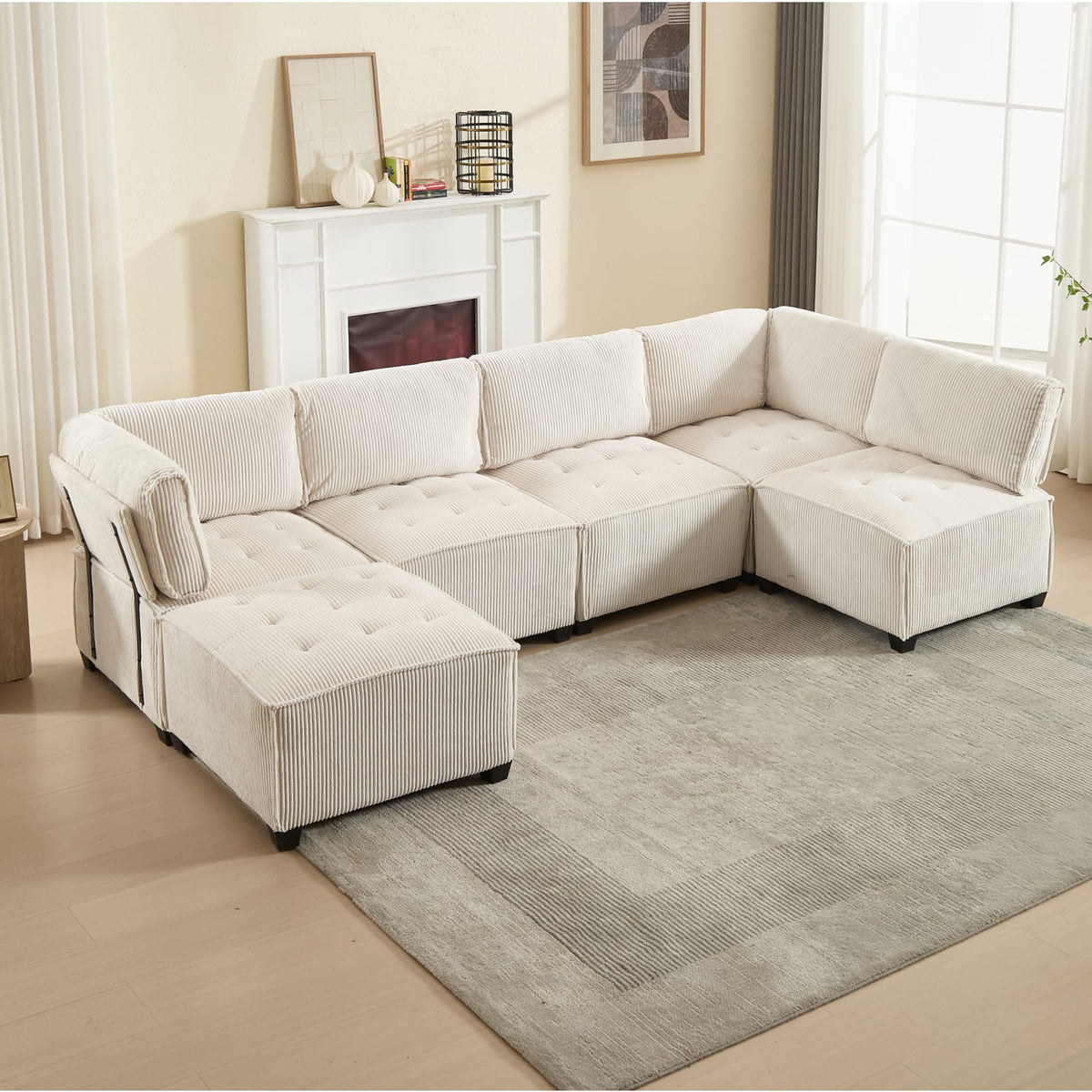 Canapé Modulable en Velours Côtelé Beige 6 Places beige - vue 2