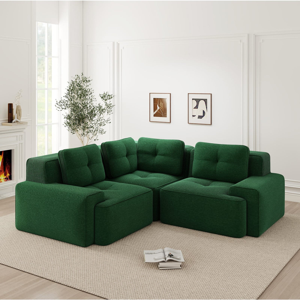 Canapé d'Angle Modulable en Velours Côtelé Vert vert - vue 5