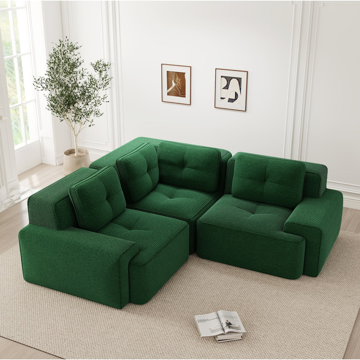 Canapé d'Angle Modulable en Velours Côtelé Vert vert - vue 3