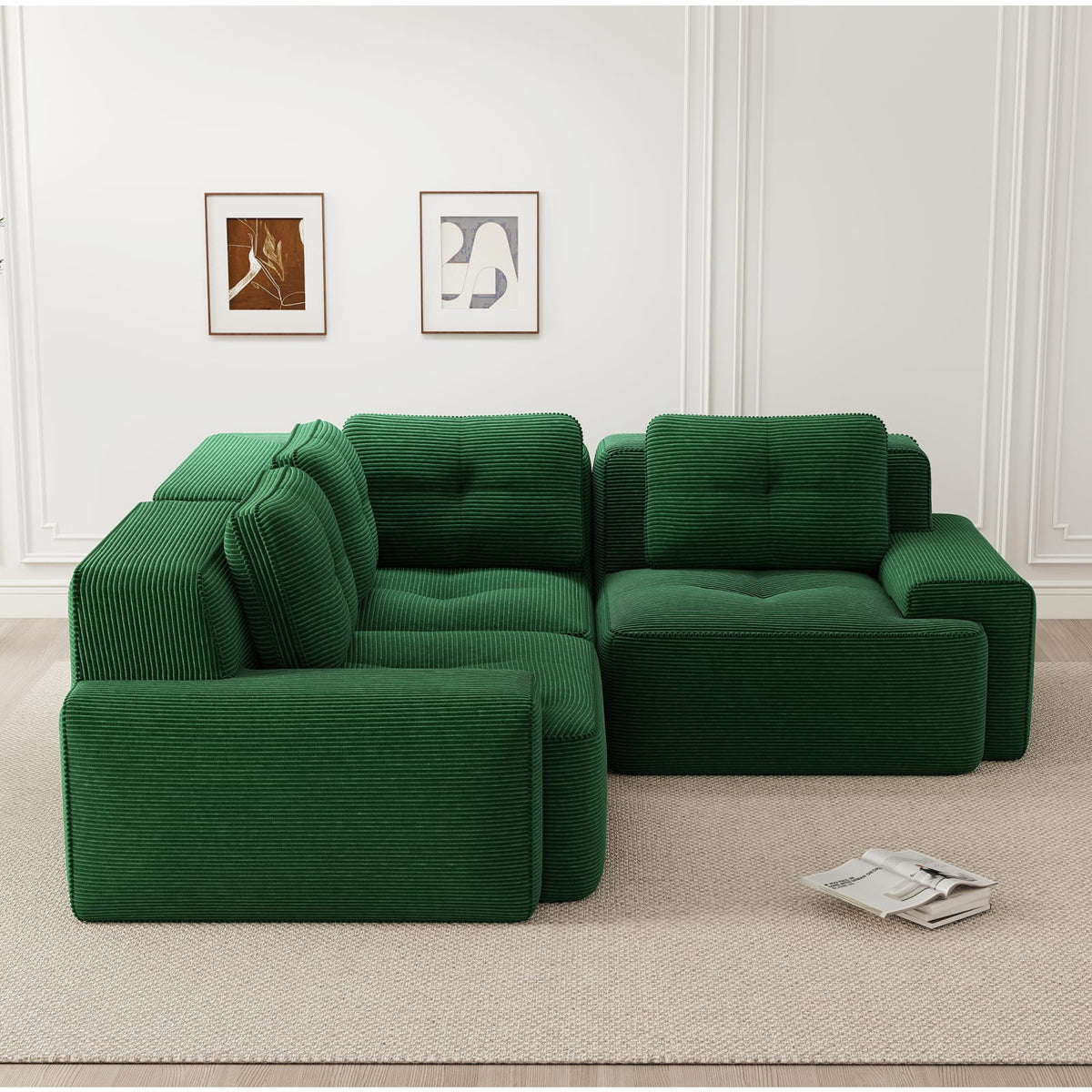 Canapé d'Angle Modulable en Velours Côtelé Vert vert - vue 2