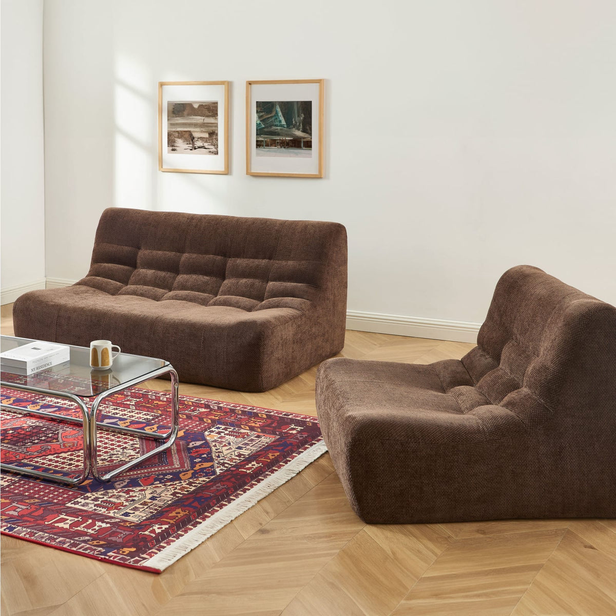 Ensemble Banquette et Chauffeuse Modulable 3 Places en Chenille Marron marron - vue 2