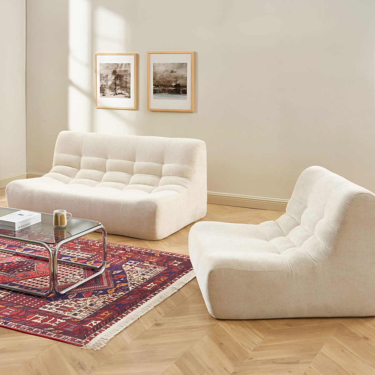 Ensemble Banquette et Chauffeuse Modulable 3 Places en Tissu Chenille Beige beige - vue 2
