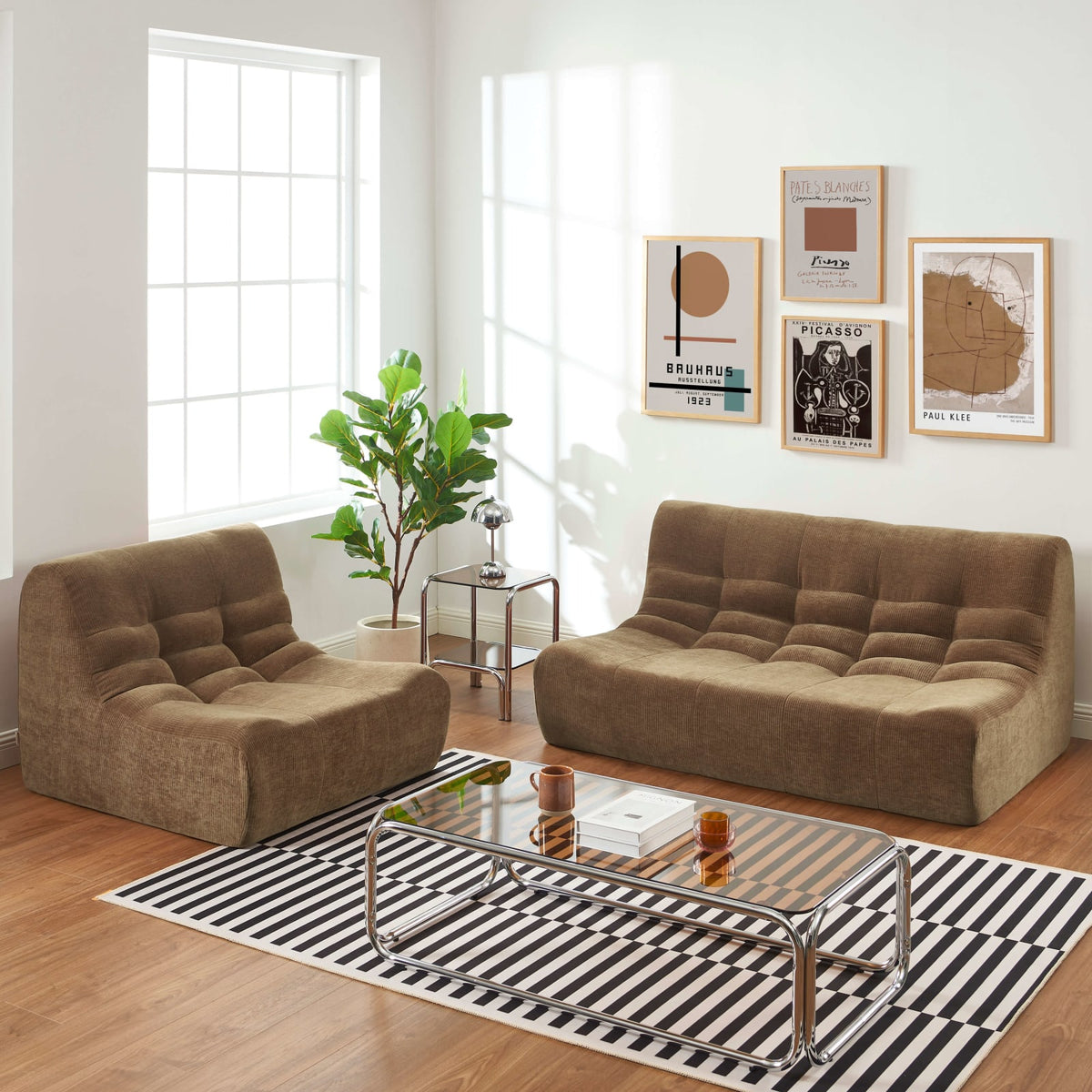 Ensemble Banquette et Chauffeuse Modulable en Velours Marron marron - vue 2