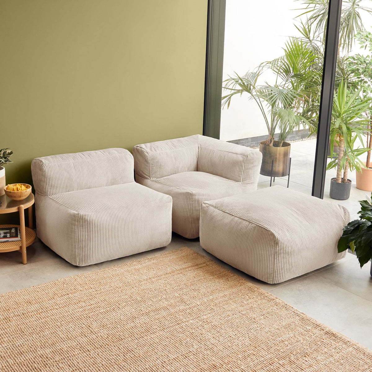 Ensemble Canapé d'Angle, Fauteuil et Repose-Pieds en Velours Côtelé Beige beige - vue 2