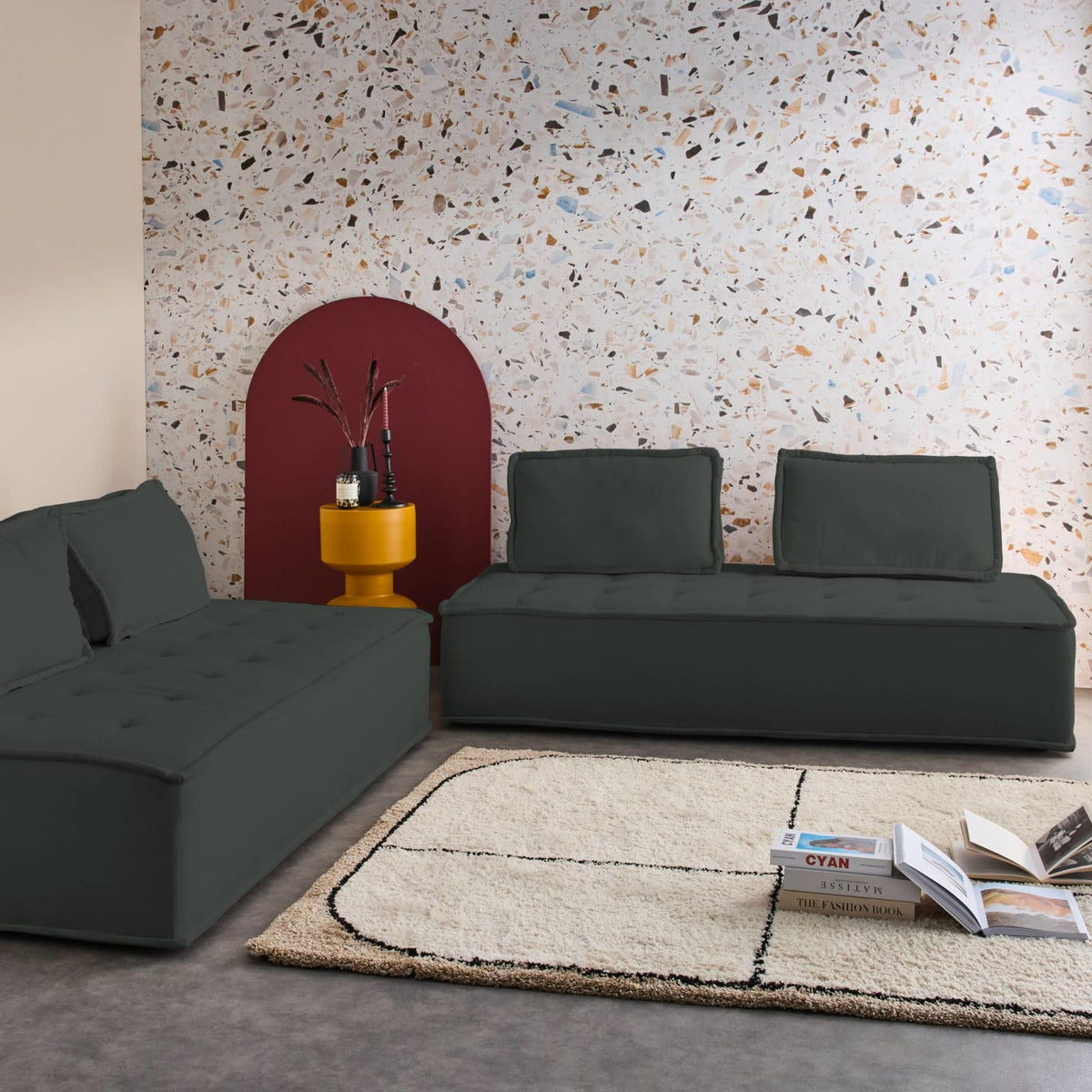 Lot de 2 Chauffeuses Modulables 2 Places en Tissu Capitonné Gris Foncé gris foncé - vue 2